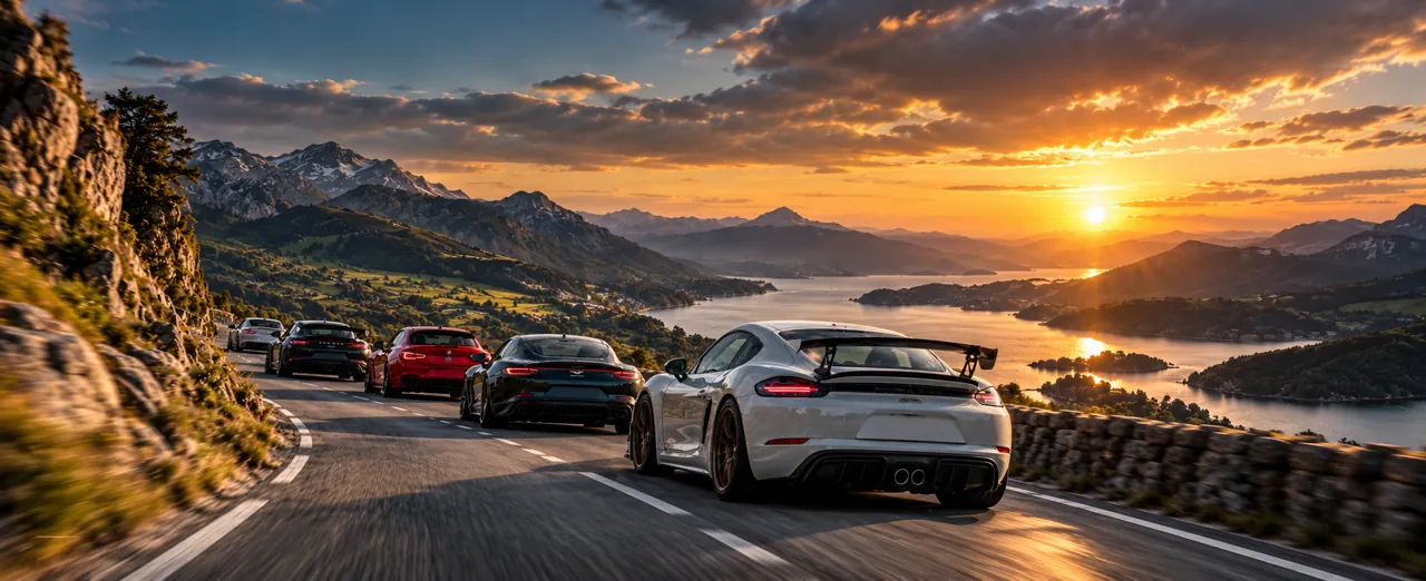 A line of cars on a lakeside mountain road at sunset, a white Porsche at the back.