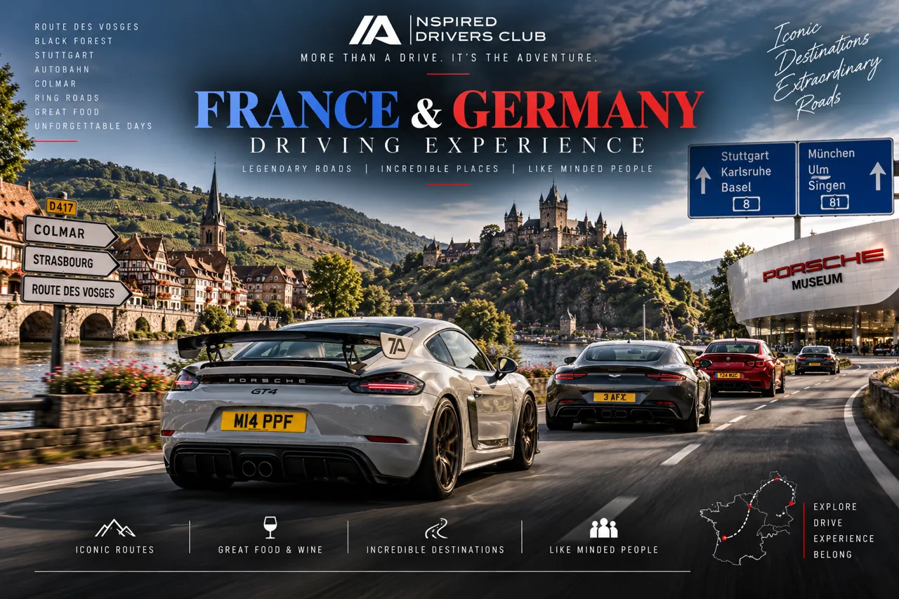 Poster: France and Germany Driving Experience. A silver Porsche Cayman GT4 leads cars past a riverside town, a hilltop castle and the Porsche Museum.