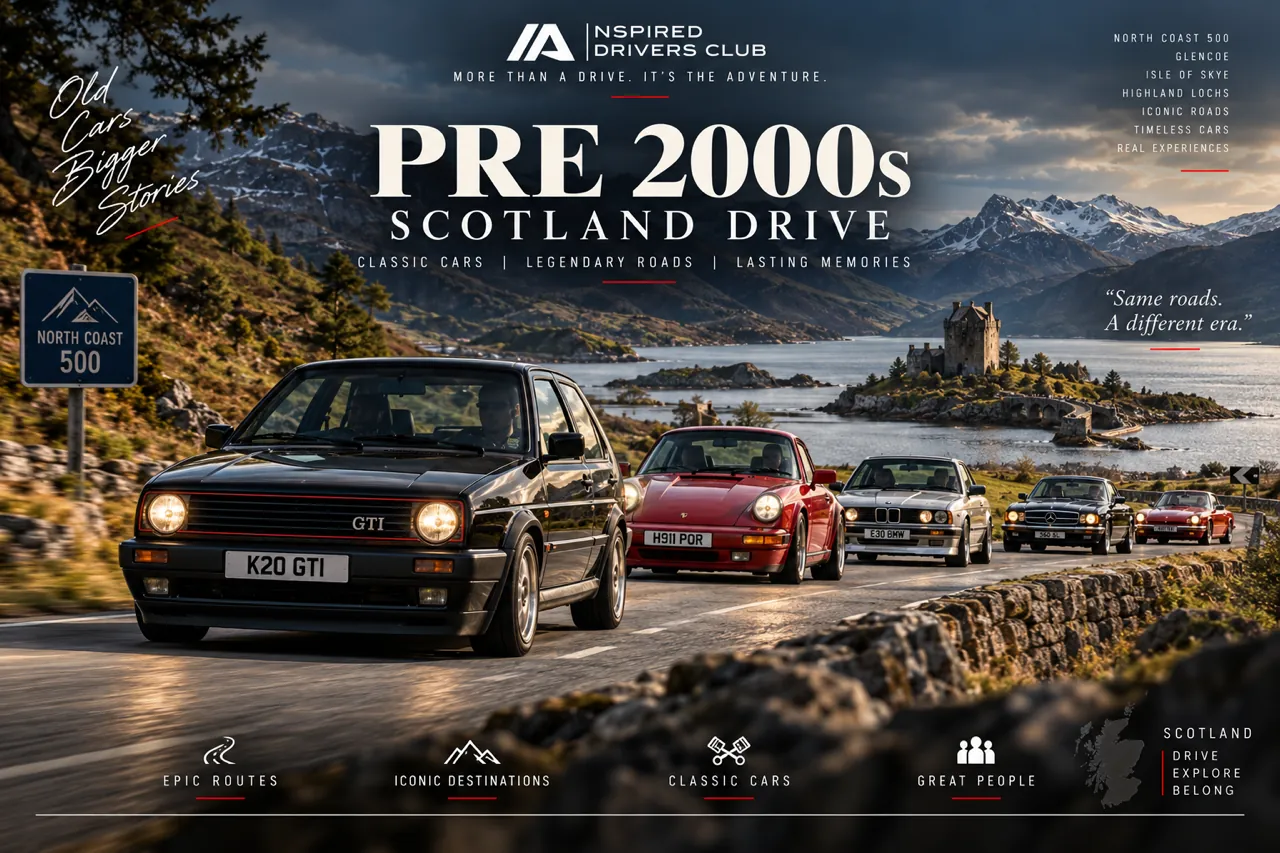 Poster: Pre 2000s Scotland Drive. A black Volkswagen Golf GTI leads a line of older cars along a Highland loch road, a castle on an island behind.