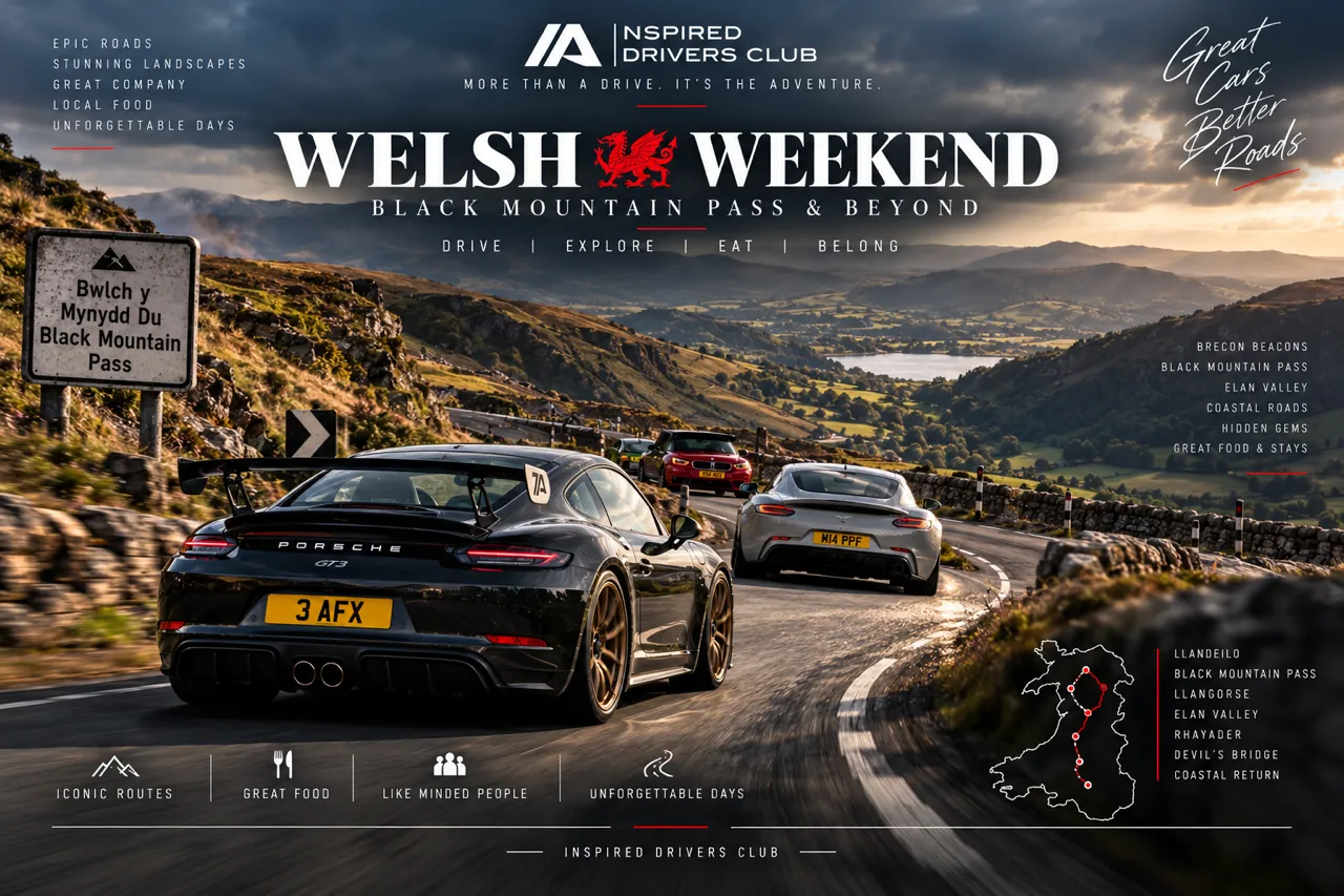 Poster: Welsh Weekend, Black Mountain Pass and beyond. A black Porsche GT3 follows two cars down a mountain road past the Black Mountain Pass sign.